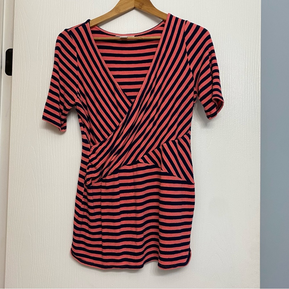Maternity Shirt Size L Coral & Navy Striped